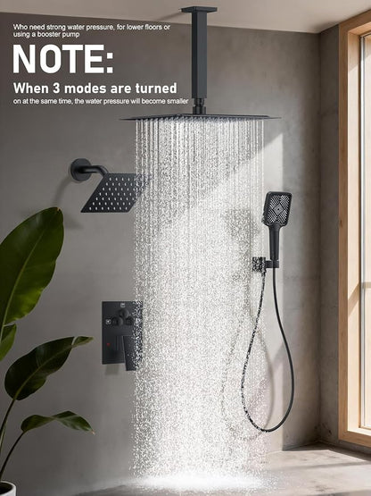Woindo Shower Faucet Set, 10" Ceiling Mount Rainfall Shower System with 2 Rain Shower Head and Multi-function Handheld Head Push Button Diverter Shower Faucet Trim Kit
