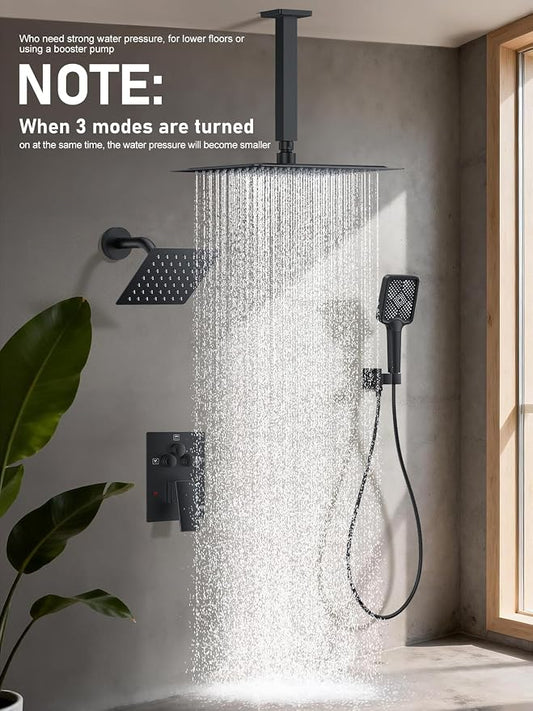 Woindo Shower Faucet Set, 10" Ceiling Mount Rainfall Shower System with 2 Rain Shower Head and Multi-function Handheld Head Push Button Diverter Shower Faucet Trim Kit