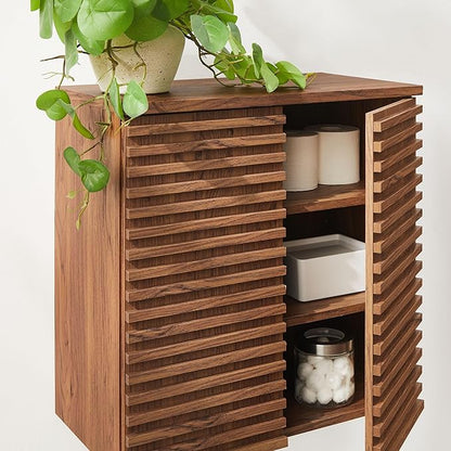 Modway Render Wall Mounted Bathroom Cabinet in Walnut - 23.5 Inch Compact Wall Storage with Slatted Doors and Adjustable Shelves for Bathroom or Laundry Room