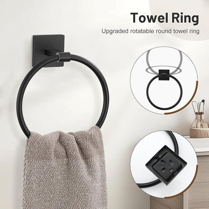 Matte Black Bathroom Hardware Set, 5-Piece Bath Towel Bar Set with 23.6” Towel Bar, Towel Ring, Toilet Paper Holder, Two Hooks, SUS304 Towel Racks for Bathroom Wall Mounted