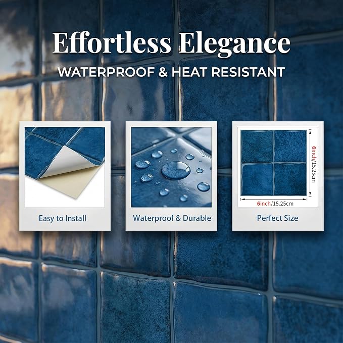 Ocean Blue 4 Sheets 6x6 Inch Peel and Stick Subway Tile Backsplash, Self Adhesive Wall Tiles for Kitchen Bathroom, Thick Waterproof Heat Resistant, Easy Install No Grout, Renter Friendly