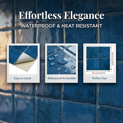 Ocean Blue 4 Sheets 6x6 Inch Peel and Stick Subway Tile Backsplash, Self Adhesive Wall Tiles for Kitchen Bathroom, Thick Waterproof Heat Resistant, Easy Install No Grout, Renter Friendly