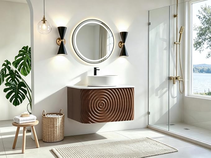 24" Floating Bathroom Vanity with Sink, Mid-Century Wall Mounted Bathroom Vanity Cabinet with Waved Decor, Ceramic Vessel Basin, Sintered Stone Top, Soft Close Storage Drawer, Walnut