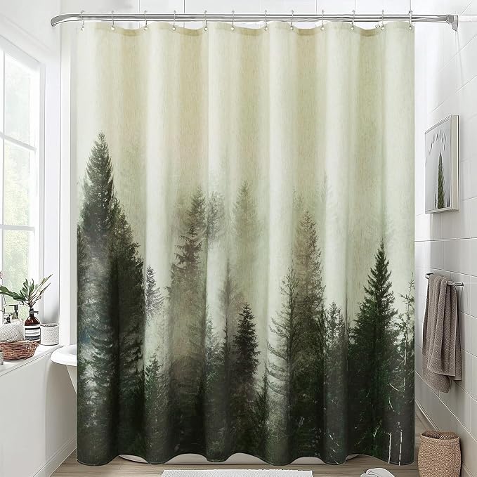 ORTIGIA Green Misty Forest Linen Shower Curtain Nature Mountain Tree Woodland Shower Curtain Set for Bathroom Heavy Blend Fabric Curtains with 12 Metal Hooks 72x72 Inch