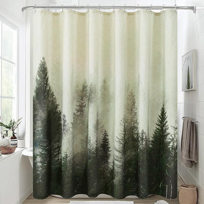 ORTIGIA Green Misty Forest Linen Shower Curtain Nature Mountain Tree Woodland Shower Curtain Set for Bathroom Heavy Blend Fabric Curtains with 12 Metal Hooks 72x72 Inch