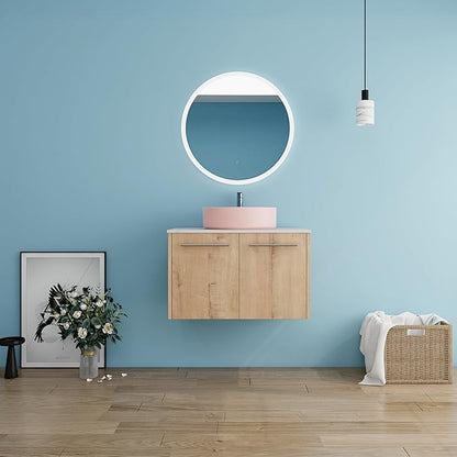 30" Floating Vanity with Sink, 30 Inch Bathroom Vanity with Sink, Modern Plywood Floating Cabinet with Sintered Stone Countertop and Pink Ceramic Basin, Soft Close Doors