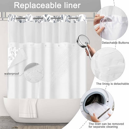 No Hook Shower Curtain and Liner Set, Blue Grey Eucalyptus 71x84 | Floral Design, with Snap in Liner, See-Through Top Window, Waterproof, Machine Washable, Quick-Drying, for Hotel Bathroom