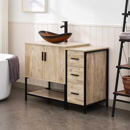 UEV 42" Rustic Oak Bathroom Vanity with Sink Combo,Industrial Iron Frame Bathroom Cabinet Sets with 3 Drawers Side Cabinet,Modern Brown Boat Tempered Glass Vessel Sink(029BR)