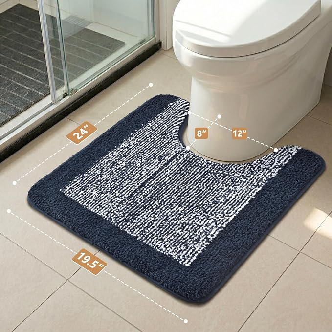 Toilet Rugs U-Shaped 24x19, Non-Slip Plush Shaggy Quick Dry Bathroom Contour Rugs, Extra Soft Absorbent Chenille Washable Bath Mat for Toilet Base(Dark Blue)