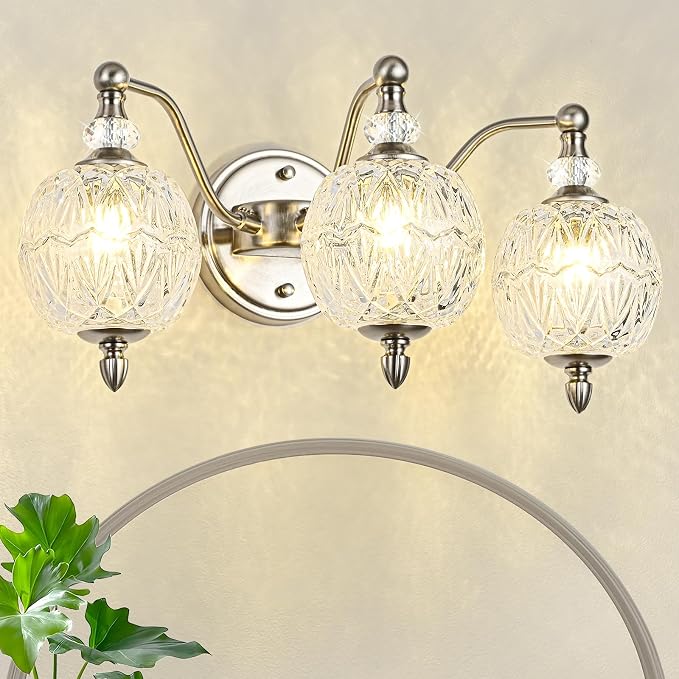 Brushed Nickel Bathroom Vanity Light, 3-Light Mid Century Modern Brushed Nickel Finish Wall Sconce with Globe Glass Shades, Modern Mirror Light for Bathroom, Powder Room
