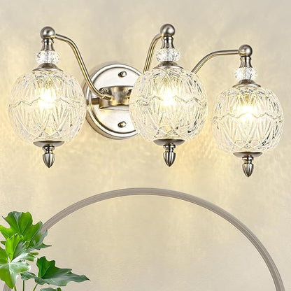 Brushed Nickel Bathroom Vanity Light, 3-Light Mid Century Modern Brushed Nickel Finish Wall Sconce with Globe Glass Shades, Modern Mirror Light for Bathroom, Powder Room