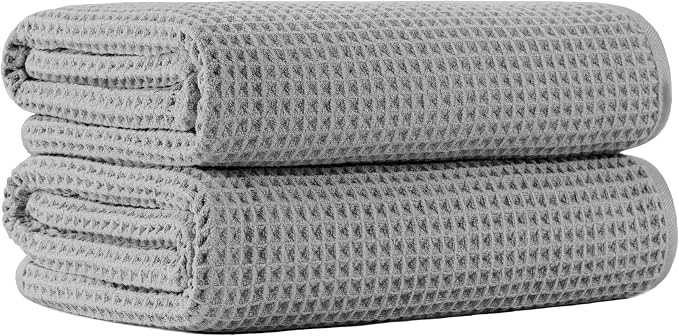 MICROFI New Microfiber Waffle Bath Towels, 2 Pieces, Oversized, Soft, Absorbent, Fast Drying, Lint Free 430 GSM (Silver)