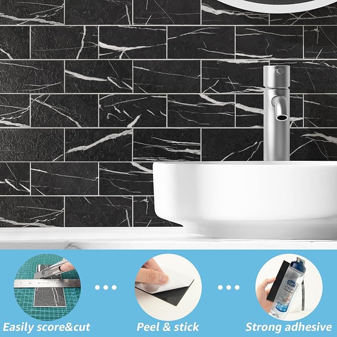 Art3d 102-Pack Peel and Stick Backsplash on Subway Tile, Black Marble | 3 x 6 in, PVC, Self Adhesive, Waterproof, Traceless Peel, Modular Splicing, Ideal for Vanities, Bathrooms