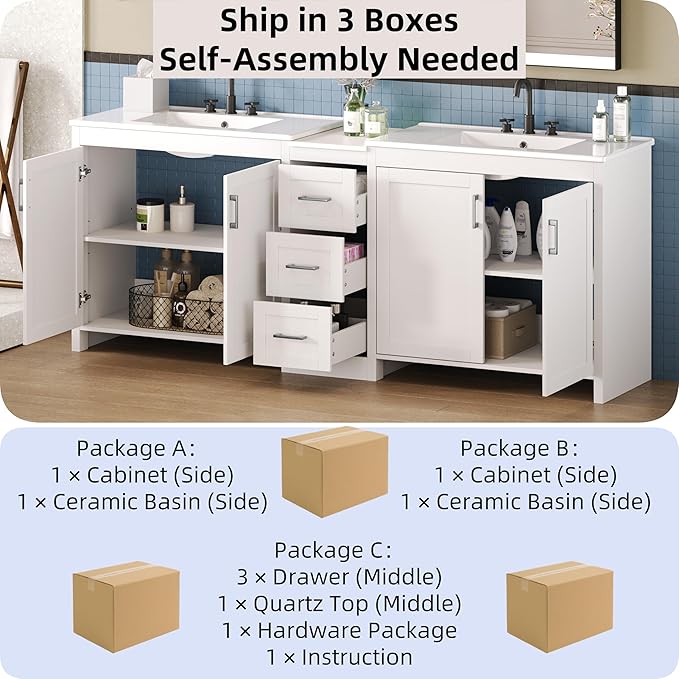 Merax 84 Inch Double Sink Bathroom Vanity with Quartz Countertop & Ceramic Basins, Bathroom Sink Vanity with Large Storage, Adjustable Shelves, 3 Drawers, Soft Close Hinges, Silver Handles, White