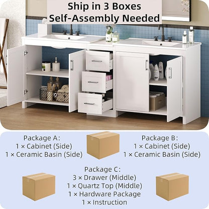Merax 84 Inch Double Sink Bathroom Vanity with Quartz Countertop & Ceramic Basins, Bathroom Sink Vanity with Large Storage, Adjustable Shelves, 3 Drawers, Soft Close Hinges, Silver Handles, White