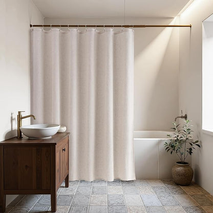 Extra Long Linen Shower Curtain 90 Inch Long Shower Curtains Set with Hooks for Bathroom Boho Farmhouse Fabric Neutral Cloth Modern Cottage Core Waterproof,Birch Beige