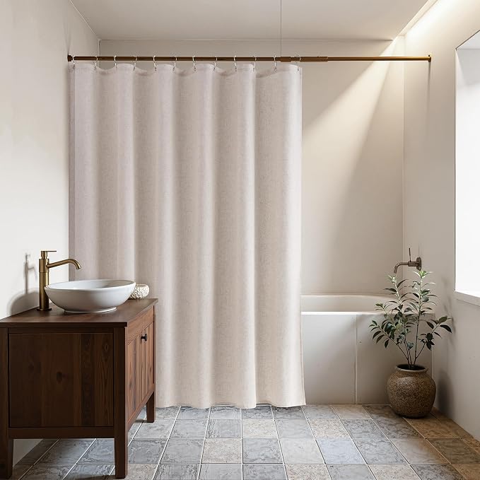 Extra Long Linen Shower Curtain 96 Inch Long for Bathroom Boho Farmhouse Fabric Shower Curtains Set with Hooks Neutral Cloth Modern Cottage Core Waterproof,Birch Beige
