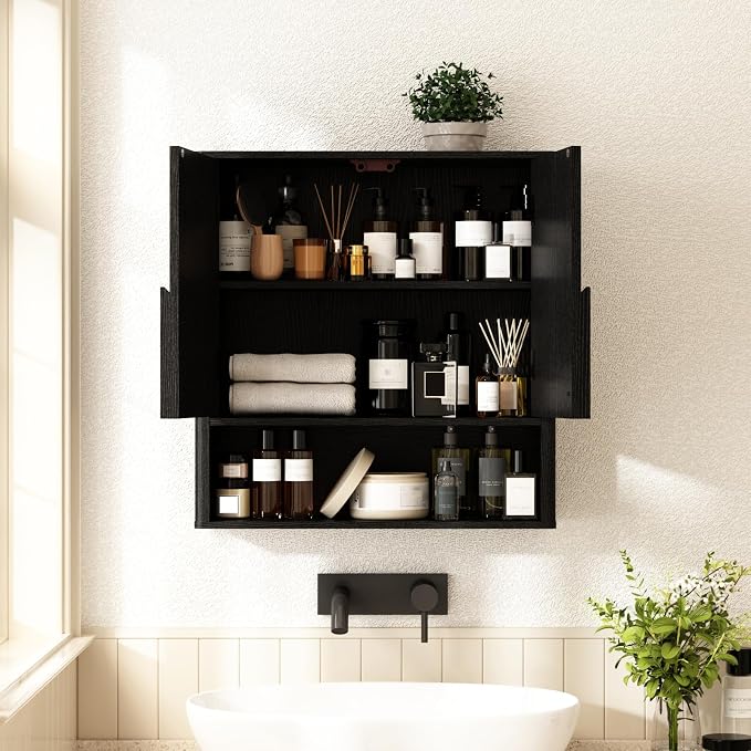 RUSTOWN Wall Mounted Bathroom Cabinets with Rounded Edges & Curved Handles | Adjustable Shelf, 3-Tier Over The Toilet Storage Cabinets, Modern Medicine Cabinet for Laundry Kitchen Living Room