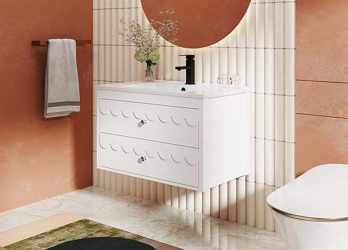 eclife 30" Floating Bathroom Vanity with Sink Combo, Modern Painted Wall-Mounted Vanities Storage Cabinet with Scalloped Decor, Undermount Basin, Faucet, Drain, White