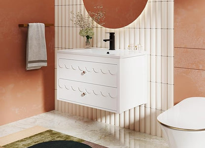 eclife 30" Floating Bathroom Vanity with Sink Combo, Modern Painted Wall-Mounted Vanities Storage Cabinet with Scalloped Decor, Undermount Basin, Faucet, Drain, White