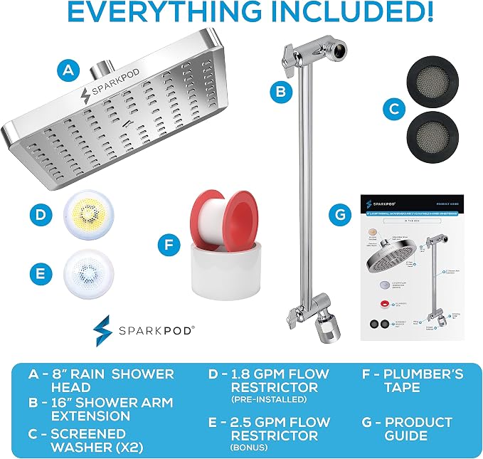 SparkPod 8" Square Rain Shower Head with 16" Shower Arm | Shower Head & Extension Arm Combo, Height Adjustable, High Pressure Performance, Easy 1-Minute Installation, Polished Chrome
