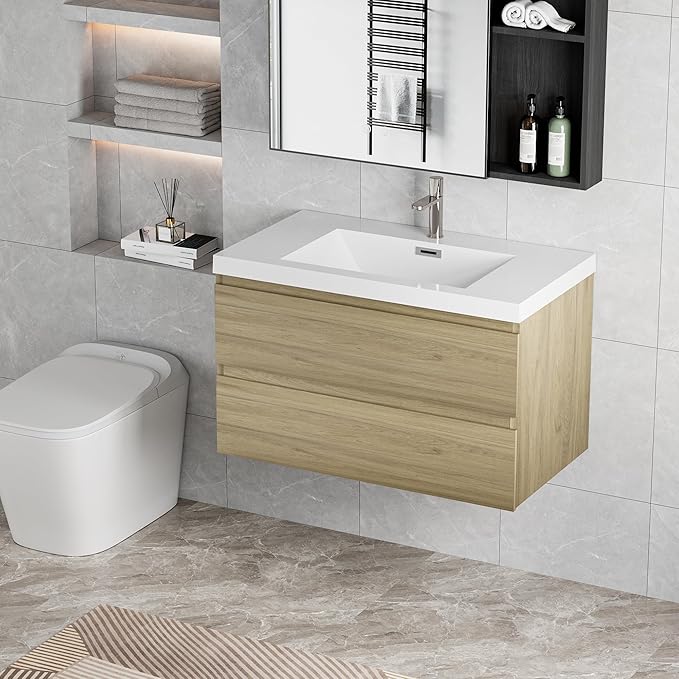 Wall Mounted 36 Inch Bathroom Vanity with Sink, Floating Vanity Bathroom, Single Sink Bathroom Vanity, 2 Drawers, Resin Integrated Sink (Natural Oak)