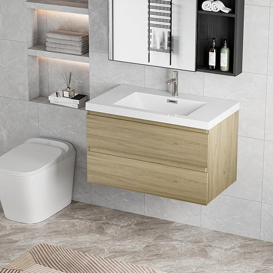 Wall Mounted 36 Inch Bathroom Vanity with Sink, Floating Vanity Bathroom, Single Sink Bathroom Vanity, 2 Drawers, Resin Integrated Sink (Natural Oak)