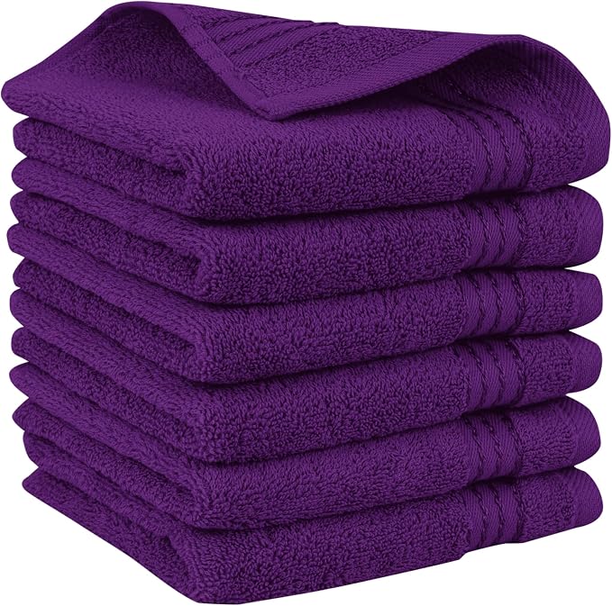 Elegant Comfort Premium Turkish Cotton 6 Pack Washcloths Set - 13 x 13 inch, Luxurious Hotel Spa Quality 100% Turkish Cotton 6PC Washcloth Set - Highly Absorbent - Soft Bathroom Towels, Purple
