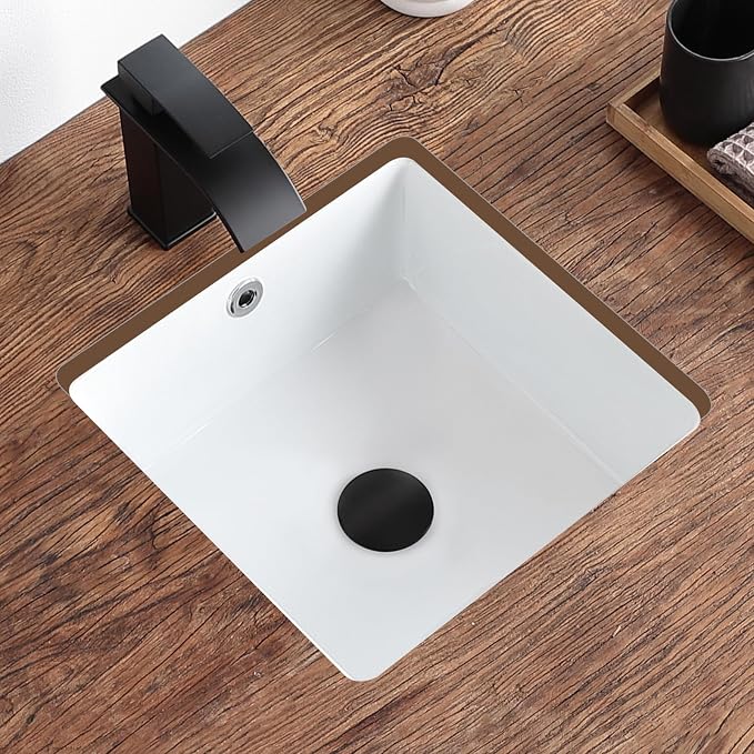 14 Inch Small Undermount Bathroom Sink White Square,Overflow Type | Ceramic Under Counter Bathroom Sink for Cabinet Porcelain Vanity Sinks(13.8"x13.8")