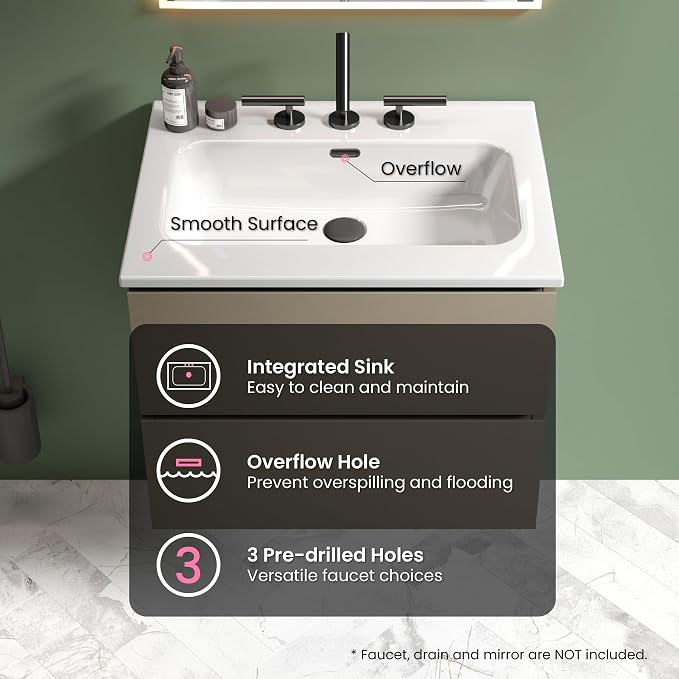 24" Bathroom Vanity with Sink, Modern Floating Vanity with Double Soft Closing Drawers, Large Storage for Small Space, Space Gray, Fully Assembled - Iris Collection