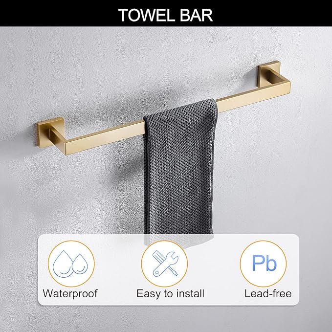 5-Piece Bathroom Hardware Set 23.6 Inch Gold Towel Bar Set Towel Bar Towel Ring Coat Hook and Toilet Paper Holder with Shelf Wall Mounted Stainless Steel Bathroom Accessories Set