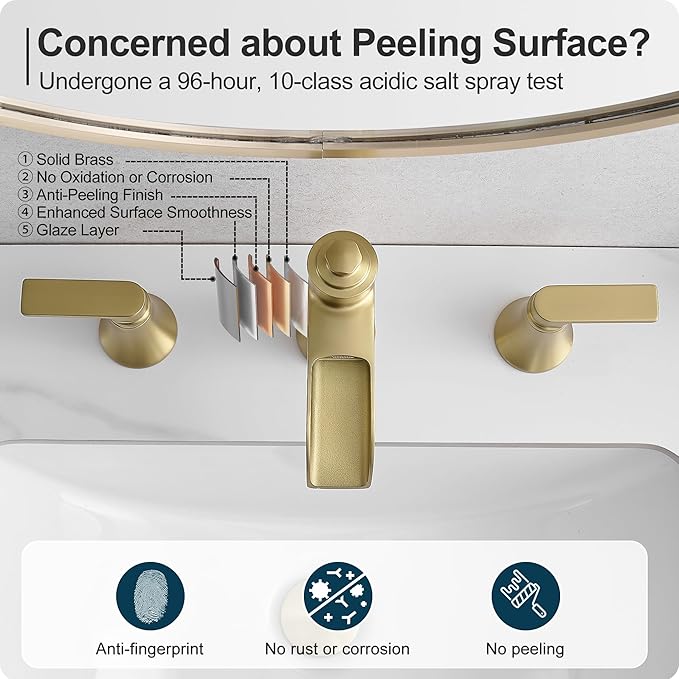 Brushed Gold Bathroom Faucet, 8 Inch Waterfall Bathroom Sink Faucet, Brass Widespread 3 Hole Bathroom Faucets, 2 Handles Faucets for Bathroom Sinks with Pop-up Drain for Vanity