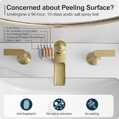 Brushed Gold Bathroom Faucet, 8 Inch Waterfall Bathroom Sink Faucet, Brass Widespread 3 Hole Bathroom Faucets, 2 Handles Faucets for Bathroom Sinks with Pop-up Drain for Vanity