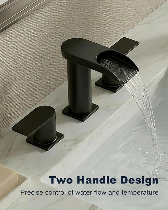 Matte Black 8 Inch Widespread Bathroom Faucet 3 Hole, Waterfall Sink Faucet with Drain, Modern Aesthetic for Bathroom Upgrade & Renovation, Splash-Free Design, Stain-Resistant Finish