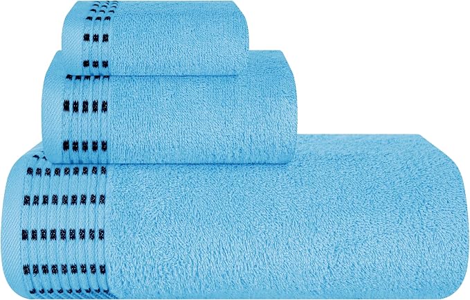 Ultra Soft 3 Pack Cotton Towel Set, Contains a Bath Towels 28x55 inch, a Hand Towels 16x24 inch & a Wash Cloths 12x12 inch, Ideal Everyday use, Compact & Lightweight - Sky Blue