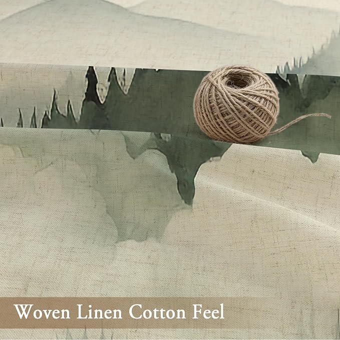 Litabel Dark Green Small Stall Linen Misty Pine Forest Shower Curtain 36 x 72, Mountain Foggy Woodland Cotton Narrow Half Size Shower Curtains for Bathroom, Abstract Waterproof Nature-Themed Decor