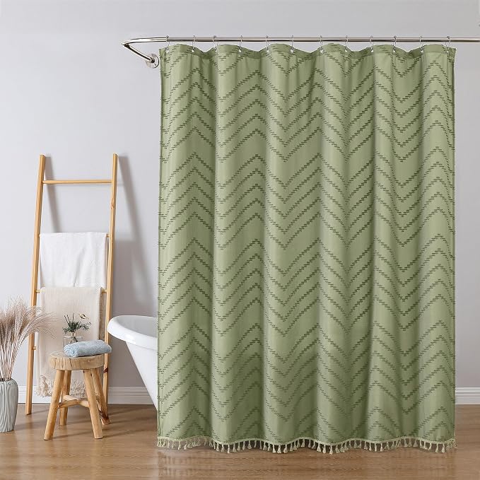 Light Green Fabric Shower Curtain, Boho Shower Curtains for Bathroom Chic Tufted Chevron Striped Textured with Tassel, Soft Hotel Style Farmhouse, Machine Washable, 72x78, Light Green