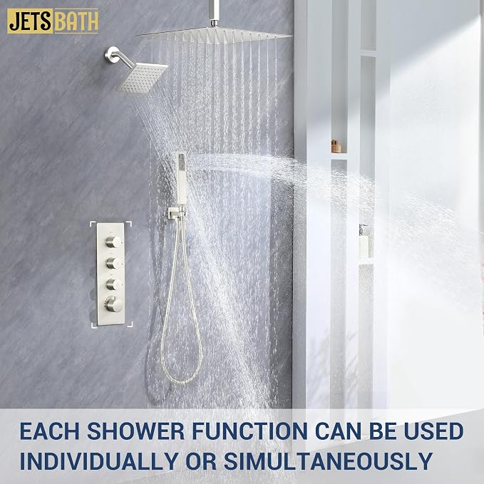 16" Thermostatic Dual Rainfall Head Brushed Nickel Shower System | Ceiling Mounted Full Body Shower Faucet Set with Thermostatic Valve for Couples/ 2-Person，16“+6”Shower Head & handheld