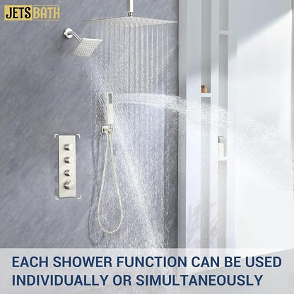 16" Thermostatic Dual Rainfall Head Brushed Nickel Shower System | Ceiling Mounted Full Body Shower Faucet Set with Thermostatic Valve for Couples/ 2-Person，16“+6”Shower Head & handheld