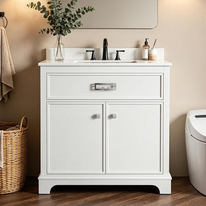 36 Inch Bathroom Vanity with Sink, White | Bathroom Sink Cabinet with Marble Countertop & Backsplash, Soft Closing 2 Doors & 1 Drawer, Adjustable Shelf
