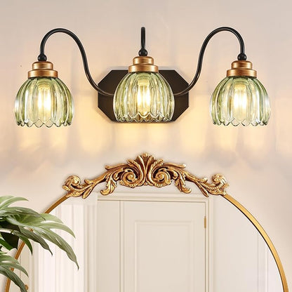 Vintage Bathroom Vanity Light, Bathroom Lighting Fixtures Over Mirror, Mid Century Style Farmhouse Light Fixtures with Green Glass Shades, Black Finish Wall Mount for Bedroom (Green, 3-Light)