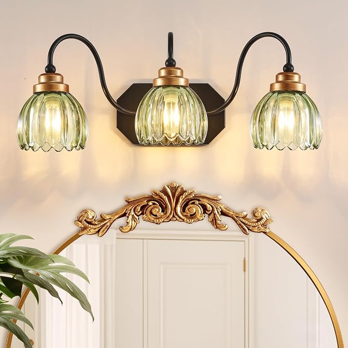 Vintage Gold Bathroom Light Fixtures,3 Light Green Tulip Crystal | Brushed Gold Vanity Lights,Matte Antique Brass Finish, Mid Century Style,Wall Sconces for Bedroom,Hallway,Easy to Install