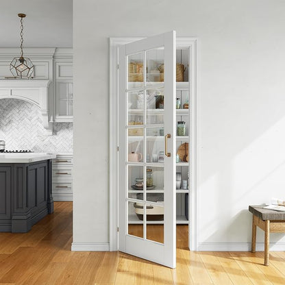 SMARTSTANDARD 28" x 80" Clear Glass French Interior Solid Core Door Slab | 10-Lite Glass Pantry Door for Bathroom Laundry Pocket, Pre-Assembled Panel without Hardware, White Primed