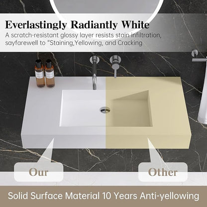 35"X19" Wall Mount Sink, Stone Bathroom Sink without Holes | Matte Bathroom Vanity Vessel Sinks Rectangle, Modern Floating or Countertop Freestanding Wall Hang Sink Bowl