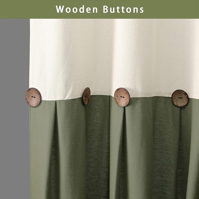 Farmhouse Shower Curtain Linen Button Cream-Green 72" W x 72" L | Farmhouse Style, Chic Button, Striped, Linen Fabric, Rustic, Country, Natural Look, Washable, for Bathroom Bathtub