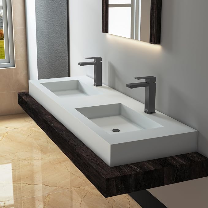 59" Wall Mount Sink Matte Bathroom Vanity Vessel Sinks Artificial Stone Rectanglee Indoor Outdoors Modern Floating or Countertop Freestanding Wall Hang Sink Bowl… (2 Faucet Holes 59'')