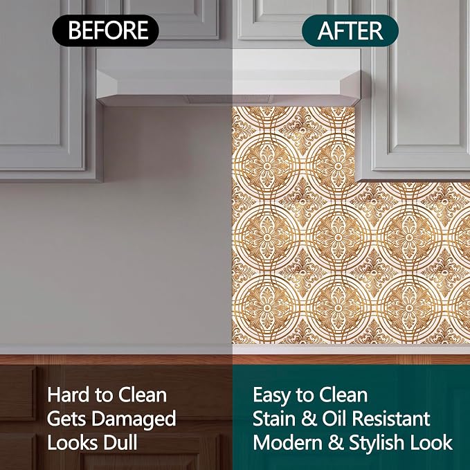 48 Pack 3D Metallic Peel and Stick Backsplash Tiles, 8"x8" Self Adhesive Wall Panels for Kitchen Bathroom, Waterproof Decorative Tiles for Renters and DIY, Easy Install, Cream Gold Relief Floral