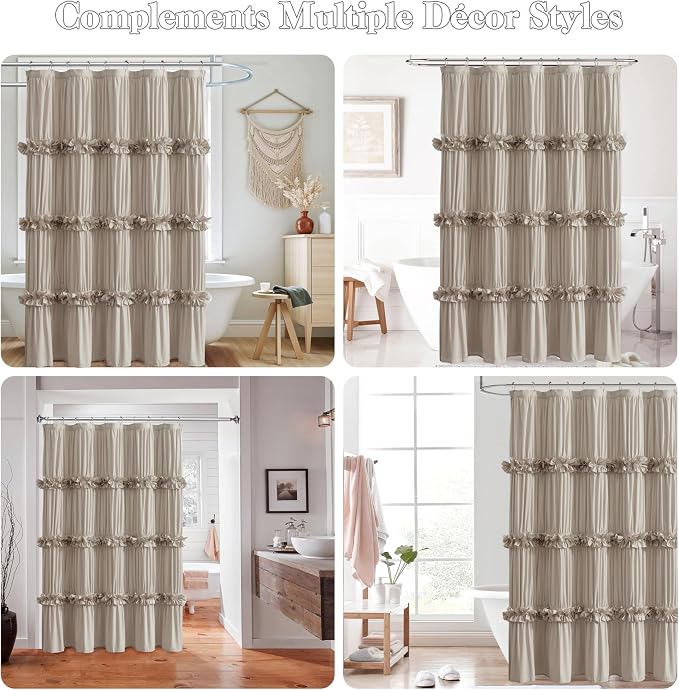 Camel Ruffle Shower Curtain 60" x 72" with 10 Buttonholes | Ruched Microfiber Vintage Handcrafted Bow Tie, Stall Size Victorian Bath Curtain, Machine Washable and Dry Quickly (LQ-10)
