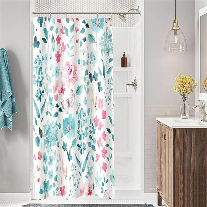 Small Stall Shower Curtain 36 x 72 Inch, Half Narrow Teal Pink Floral Shower Curtains for Bathroom, Watercolor Flower Butterfly Fabric Shower Curtain Set with Hooks