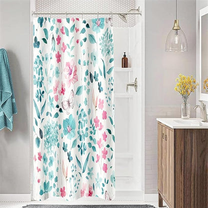 Small Stall Shower Curtain 36 x 72 Inch, Half Narrow Teal Pink Floral Shower Curtains for Bathroom, Watercolor Flower Butterfly Fabric Shower Curtain Set with Hooks